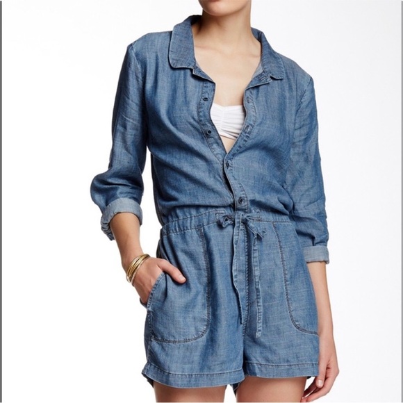 ANTHROPOLOGIE - LEVEL 99 chambray linen blend romper Sz XS/S - Picture 3 of 6